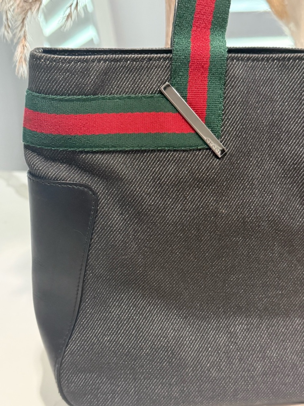 Gucci Vintage Sherry Line Gray Tote with Green & Red Web Straps RARE Canvas EUC - Picture 7 of 12